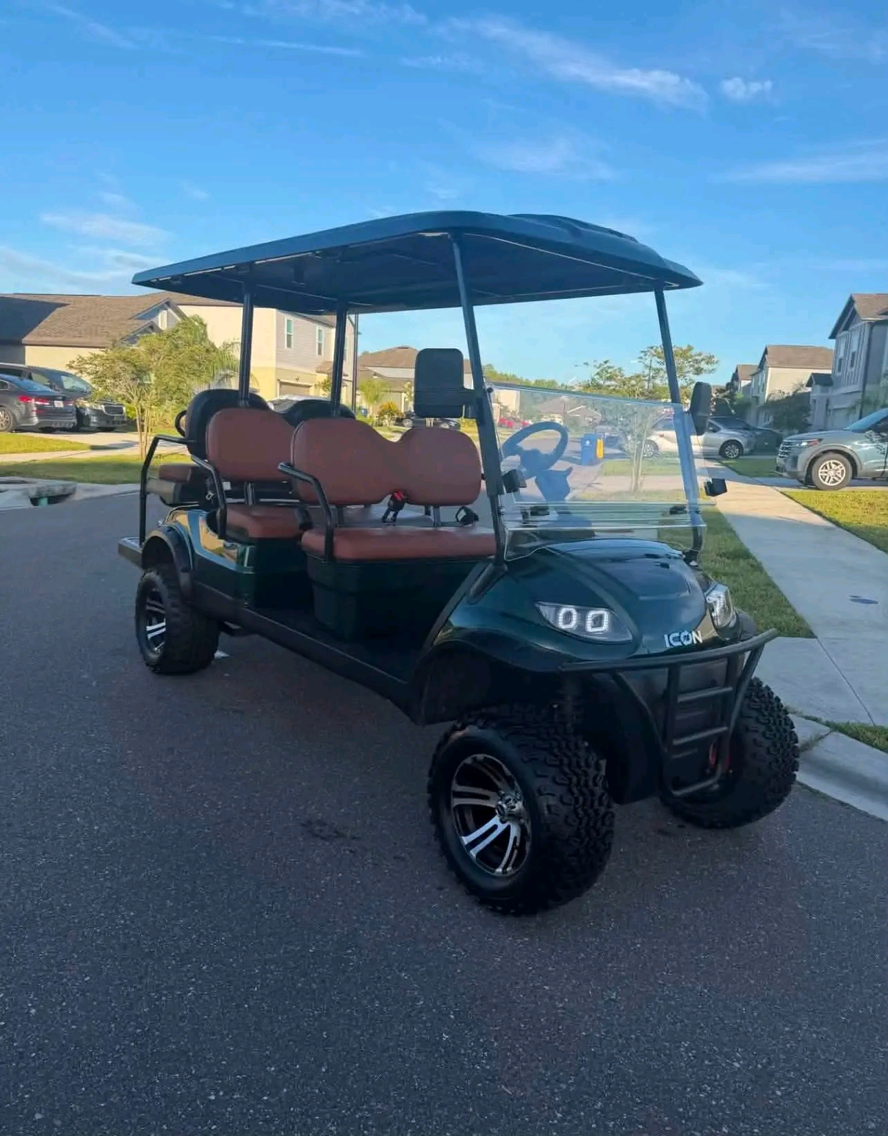 2023 icon I6OL,Stretched 6-Passenger Golf Cart Custom Lifted Edition Room for the whole crew. This custom-built 6-passenger cart combines serious style with real off-road capability