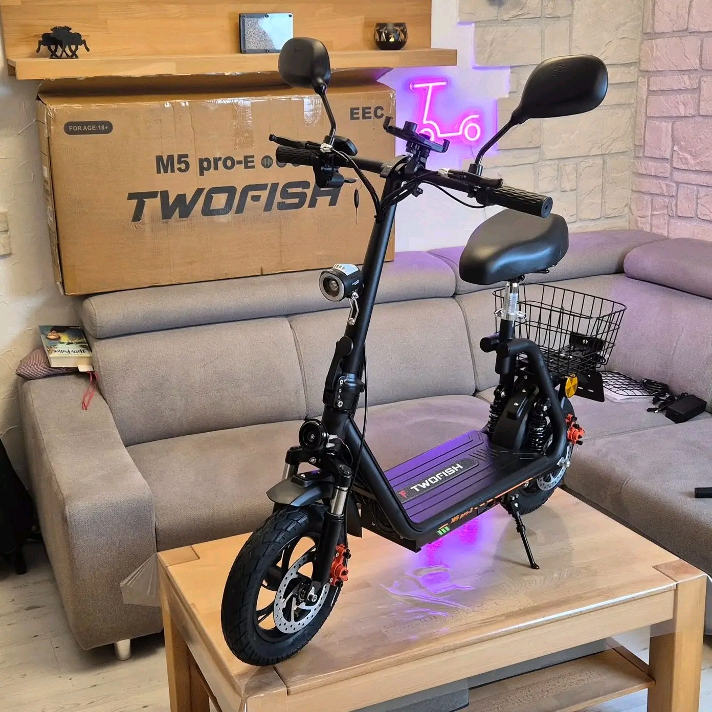 TWOFISH M5 Pro-E-Comfort-First Electric Commuting Skip the standing commute. The Pro-E is built for riders who want a real seat, real storage, and real stability
